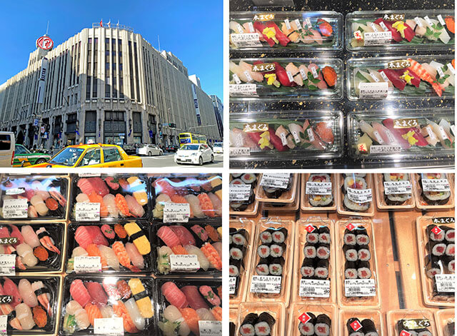 신주쿠 이세탄 지하 식품 플로어 스시 판매장
다양한 종류의 스시를 판매하고 있다.