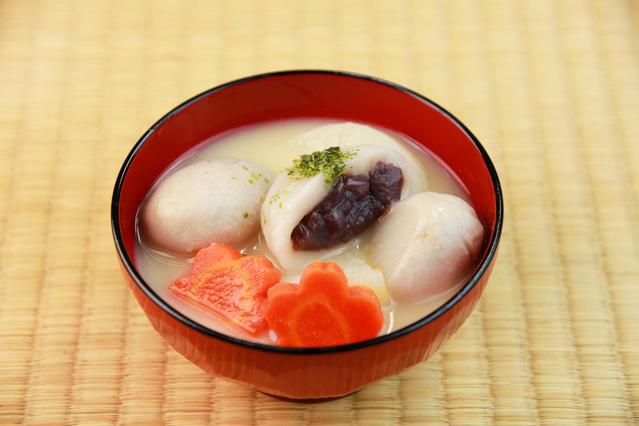 Kagawa style zoni with mochi stuffed with red bean paste