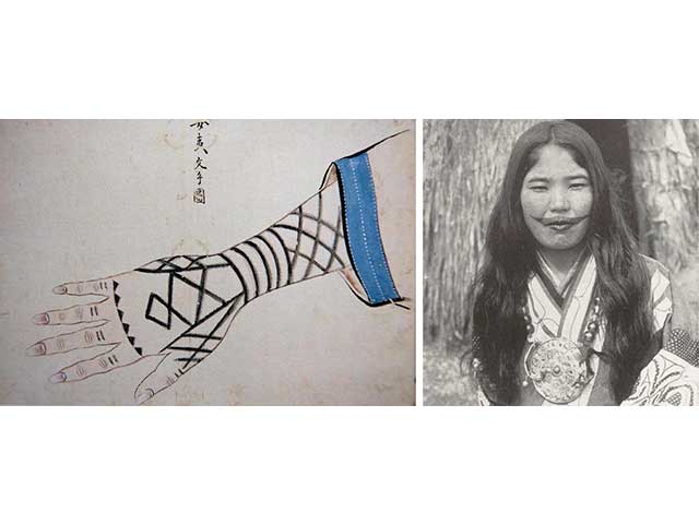 Left: Example of Ainu tattoo design for the hand
Right: An Ainu woman with a face tattoo that surrounds her mouth and covers her lips
Unknown author, Public domain, via Wikimedia Commons
アイヌカムイ, CC BY-SA 4.0, via Wikimedia Commons