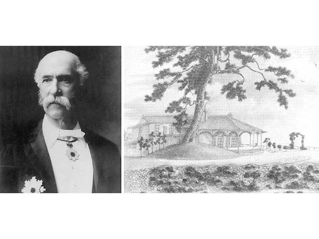 Left: A portrait of Thomas Glover from the late Nineteenth Century.
Right: A drawing of Glover House, which was also known as Ipponmatsu (Single Pine Tree) from 1863. 
The tree was chopped down in the early 20th century.
Unknown authorUnknown author, Public domain, via Wikimedia Commons
{{PD-Old}}Public domain, via Wikimedia Commons