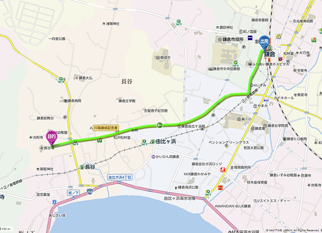 鎌倉駅西口から由比ガ浜大通りへのマップ