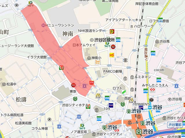 地図の赤く表示されているあたりが奥渋谷エリアです。