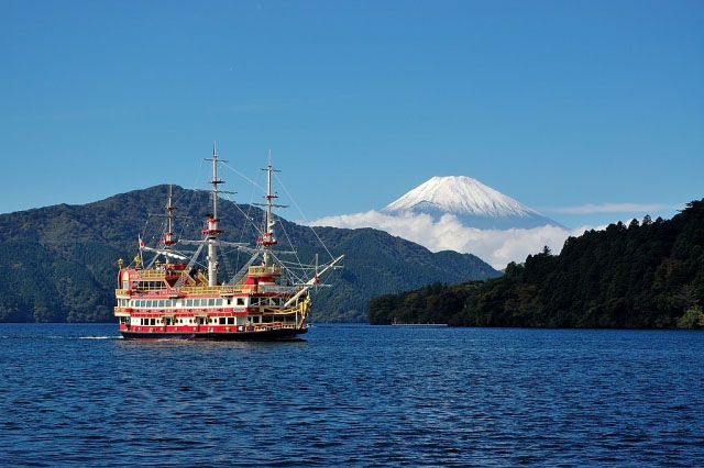 芦ノ湖の「箱根海賊船」と富士山