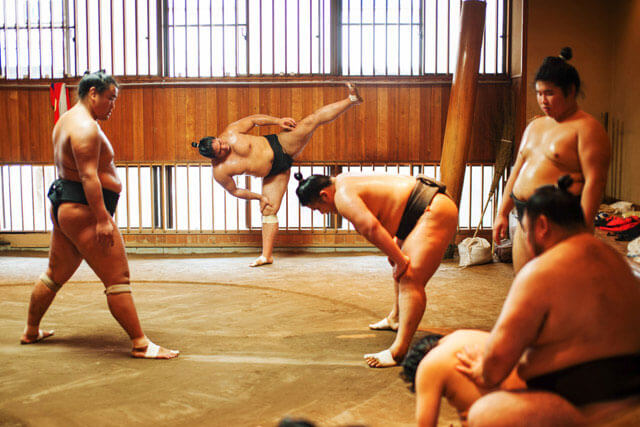 相撲選手進行早晨訓練