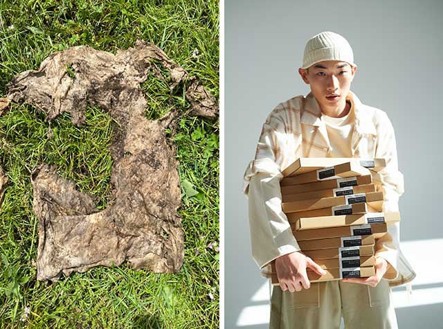 Left: A photo of one of Syncs.Earth’s T-shirts decomposing naturally
Right: Naturally, all Syncs.Earth products come packaged in 100% recyclable materials