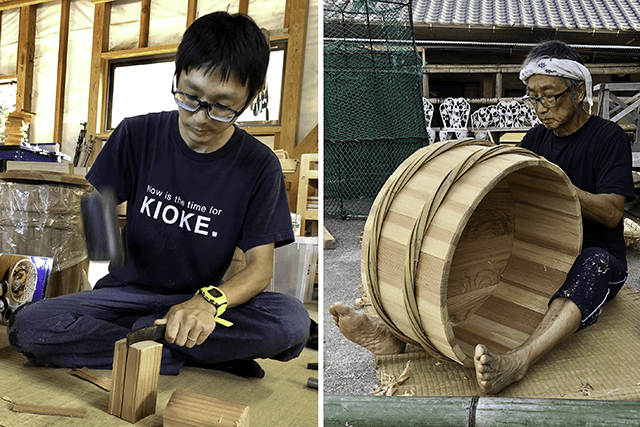 Koichi Miyazaki and his father working together to make an “oke” wooden barrel at their workshop