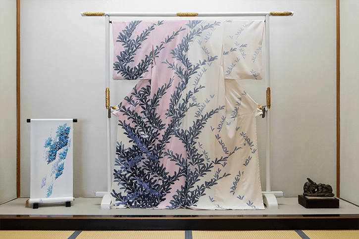 One of the elegantly dyed Kaga Yuzen kimonos on display at Kagayuzen Maida in Kanazawa