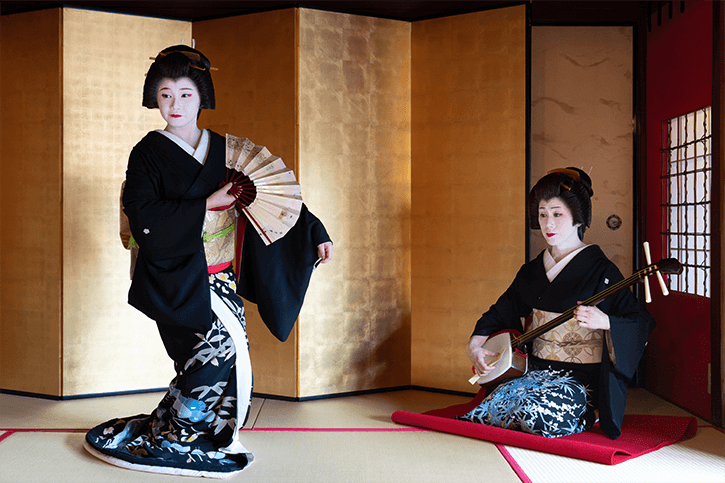Katsuyo and Masami perform a dance at Kaikaro, a heritage teahouse in Kanazawa that is open to the public