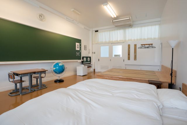The hotel rooms are set inside the old classrooms