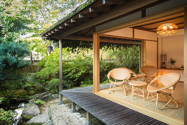 Guest rooms combine traditional Japanese and Western influences
