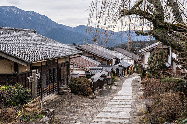 A well maintained stone path leads you through the town of Magome