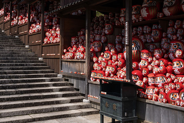 The stairs that lead to the main temple are flanked by large spaces where people drop their old Daruma off when they buy a new one for the new year